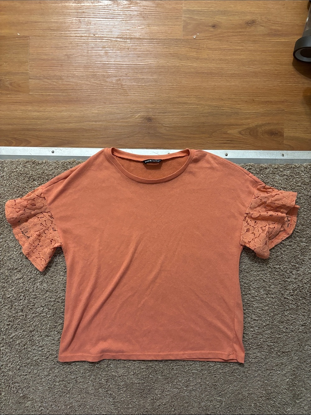 SHEIN Woman’s Lg Basic Crew Neck Tee in Coral Orange Lace Flutter Sleeves